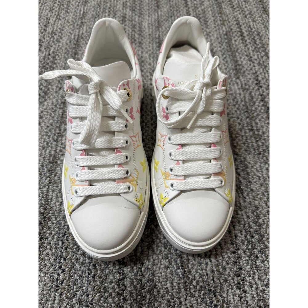 Louis Vuitton Womens White Sneakers W/ Pink & Yellow Monogram Print Size 36.5 EU